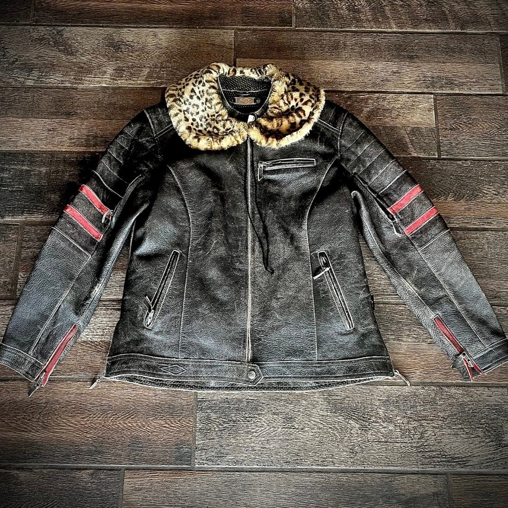 Faux Leather Jacket with Leopard Fur Collar - Black